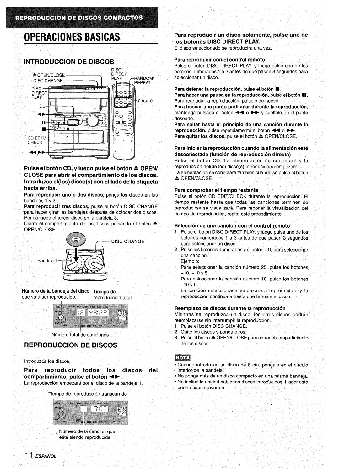 Aiwa CX-NA92 manual Operaciones Basicas, j INTRODUCTION DE DISCOS, Reproduction De Discos 