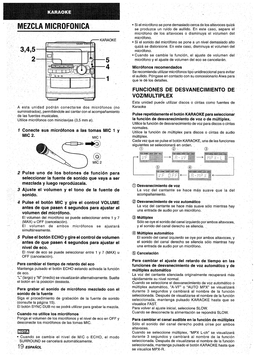 Aiwa CX-NA92 manual Mezcla Microfonica, fb 3,4,5, FUNClONES DE DESVANECIMIENTO DE VOZ/MULTIPLEX, Pulse el boton, de volumen 