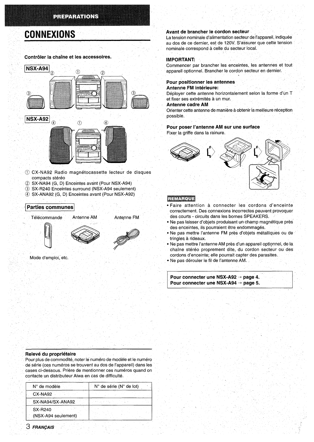 Aiwa CX-NA92 manual t CONNEXI.ONS, ‘ Parties communes, Releve du proprietaire, Antenne cadre AM, Fran~Ais 