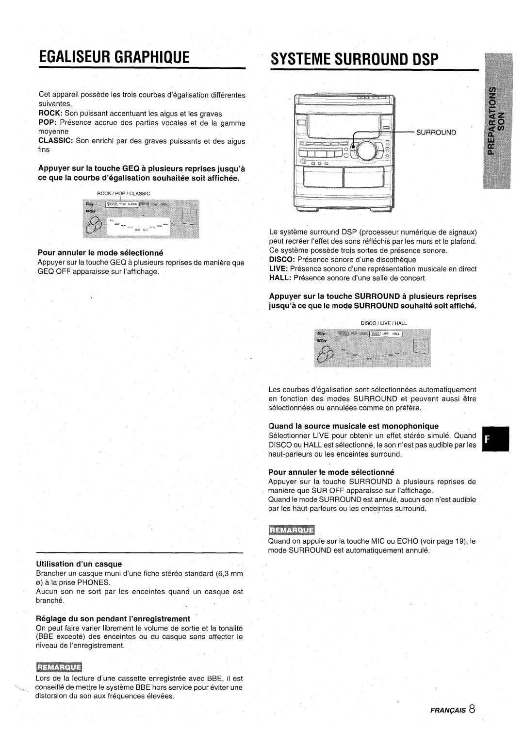 Aiwa CX-NA92 manual Egaliseur Graphique, Systeme Surround Dsp, Pour annuler Ie mode selectionne, Utilisation d’un casque 