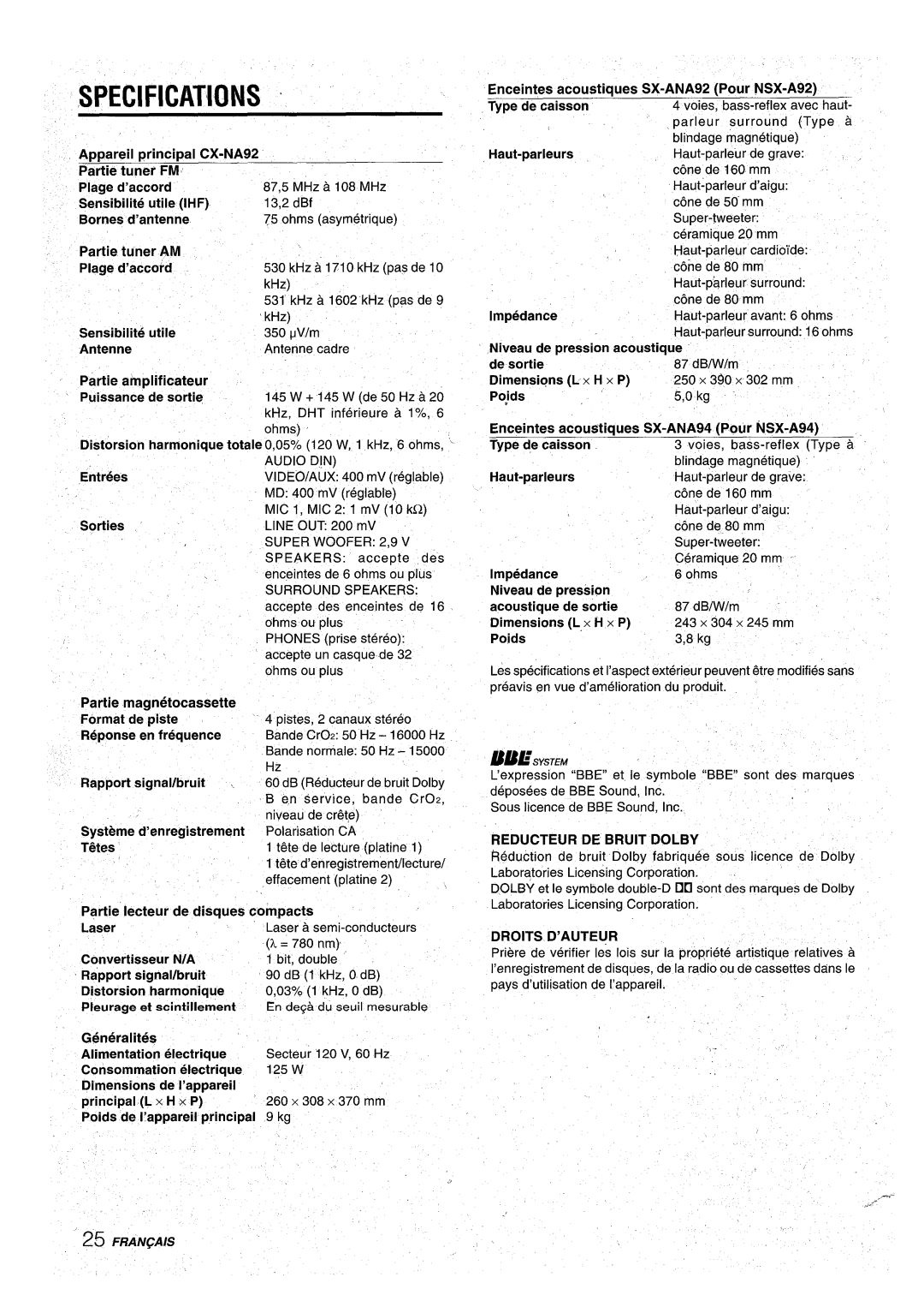 Aiwa manual Specifications ~, Appareil principal CX-NA92 Partie tuner FM, Partie tuner AM, Partie magnetocassette 