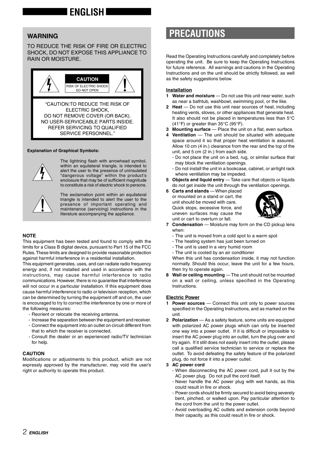 Aiwa CX-NAJ54 manual Precautions, Installation, Electric Power 