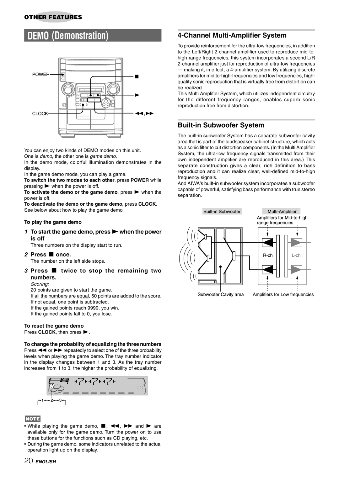 Aiwa CX-NAJ54 manual To start the game demo, press cwhen the power Is off, Press s once 