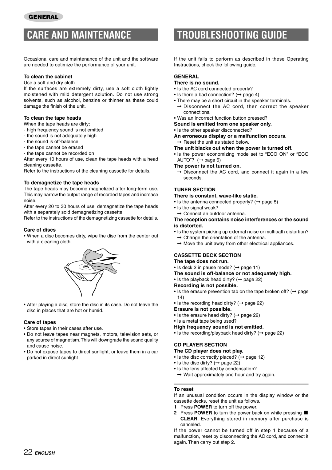 Aiwa CX-NAJ54 manual Care and Maintenance, Troubleshooting Guide 