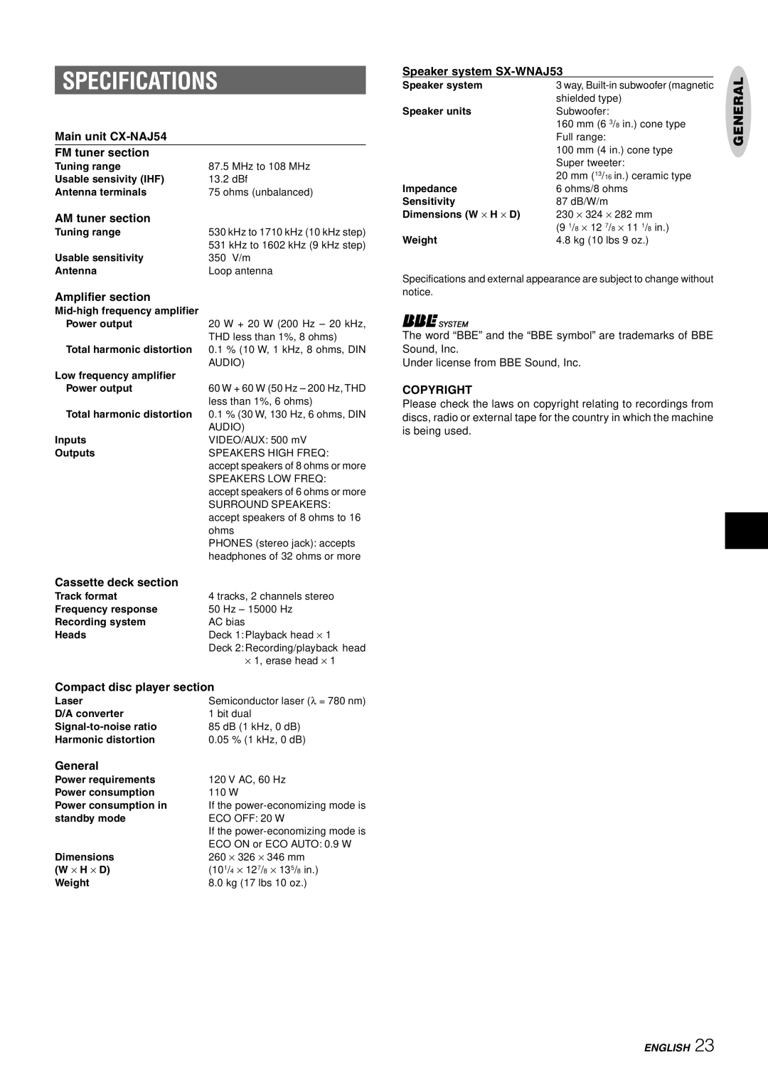 Aiwa CX-NAJ54 manual Specifications, Copyright 