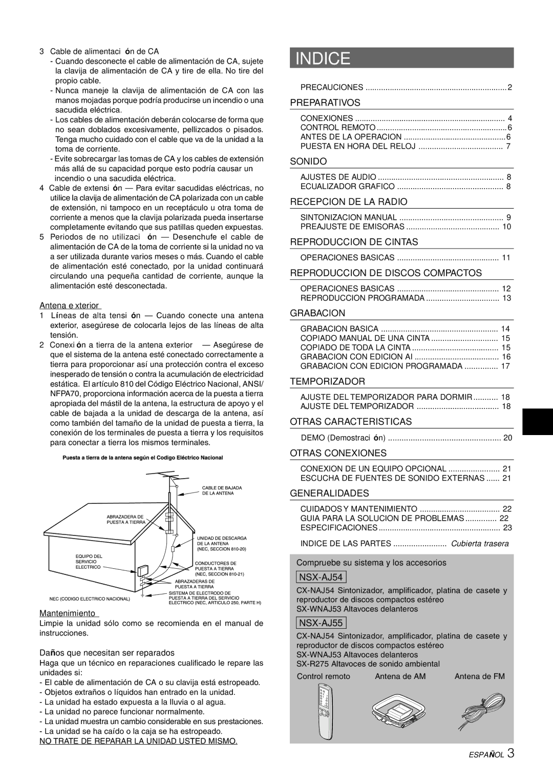 Aiwa CX-NAJ54 manual Indice, Antena exterior, Mantenimiento, Daños que necesitan ser reparados 