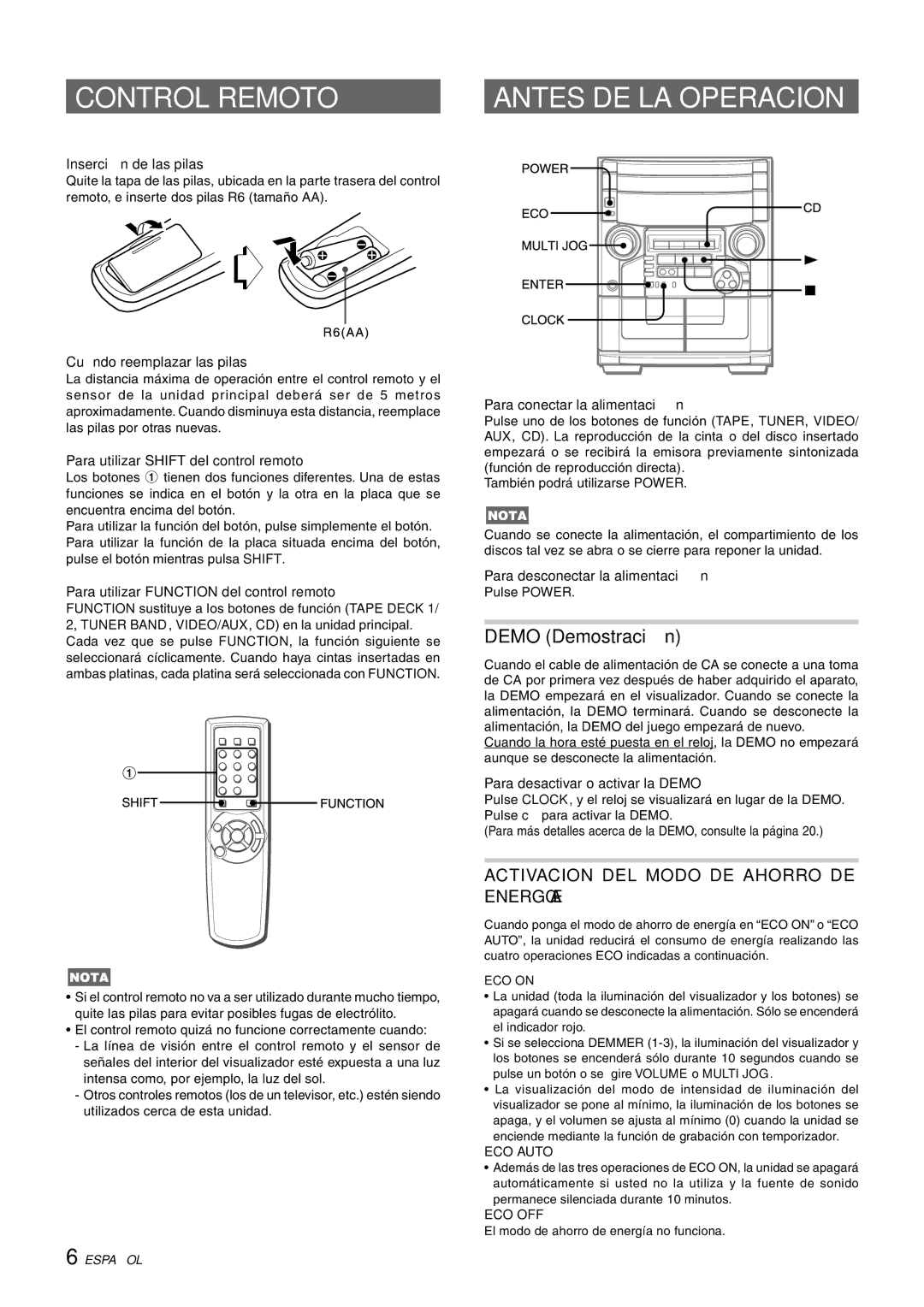 Aiwa CX-NAJ54 manual Control Remoto, Antes DE LA Operacion 