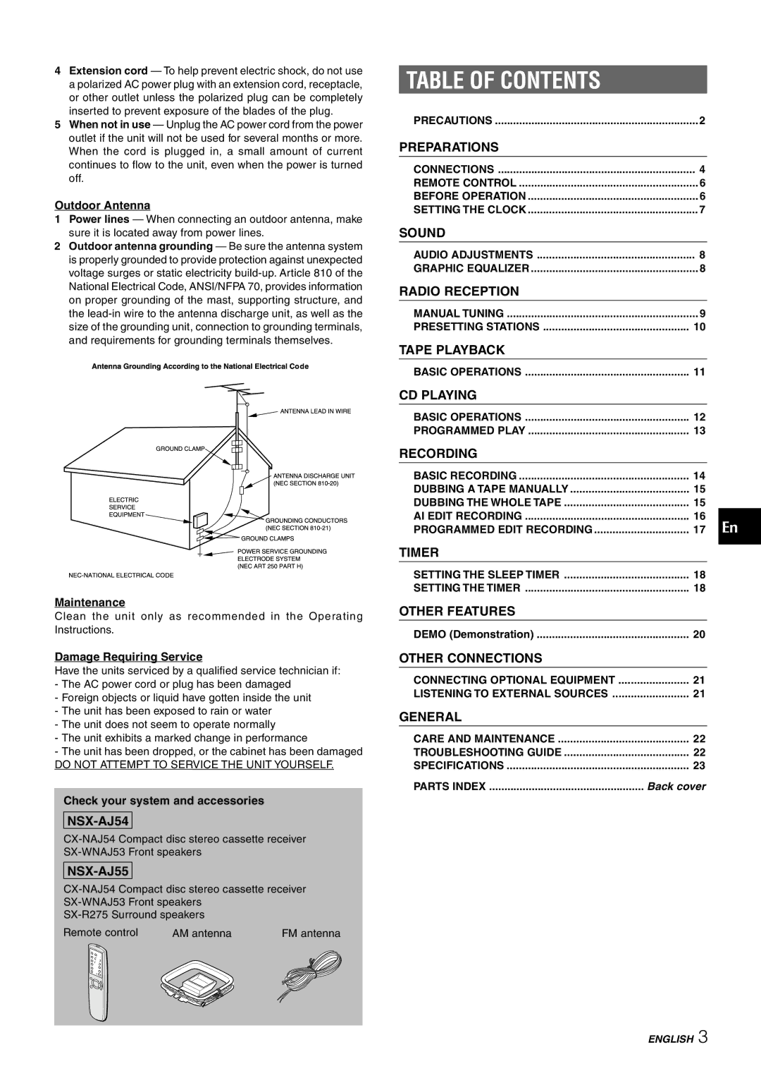 Aiwa CX-NAJ54 manual Table of Contents 