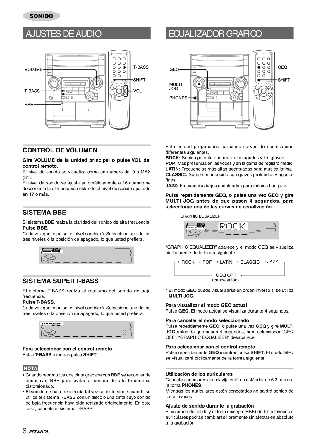 Aiwa CX-NAJ54 manual Ajustes DE Audio, Ecualizador Grafico, Control DE Volumen, Sistema BBE, Sistema Super T-BASS 