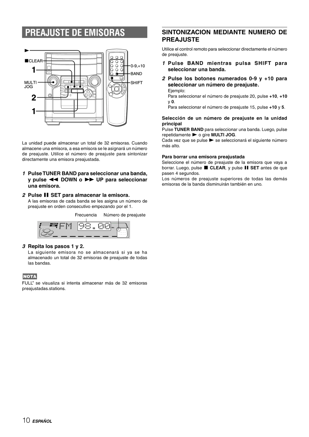 Aiwa CX-NAJ54 manual Preajuste DE Emisoras, Sintonizacion Mediante Numero DE Preajuste, Repita los pasos 1 y 