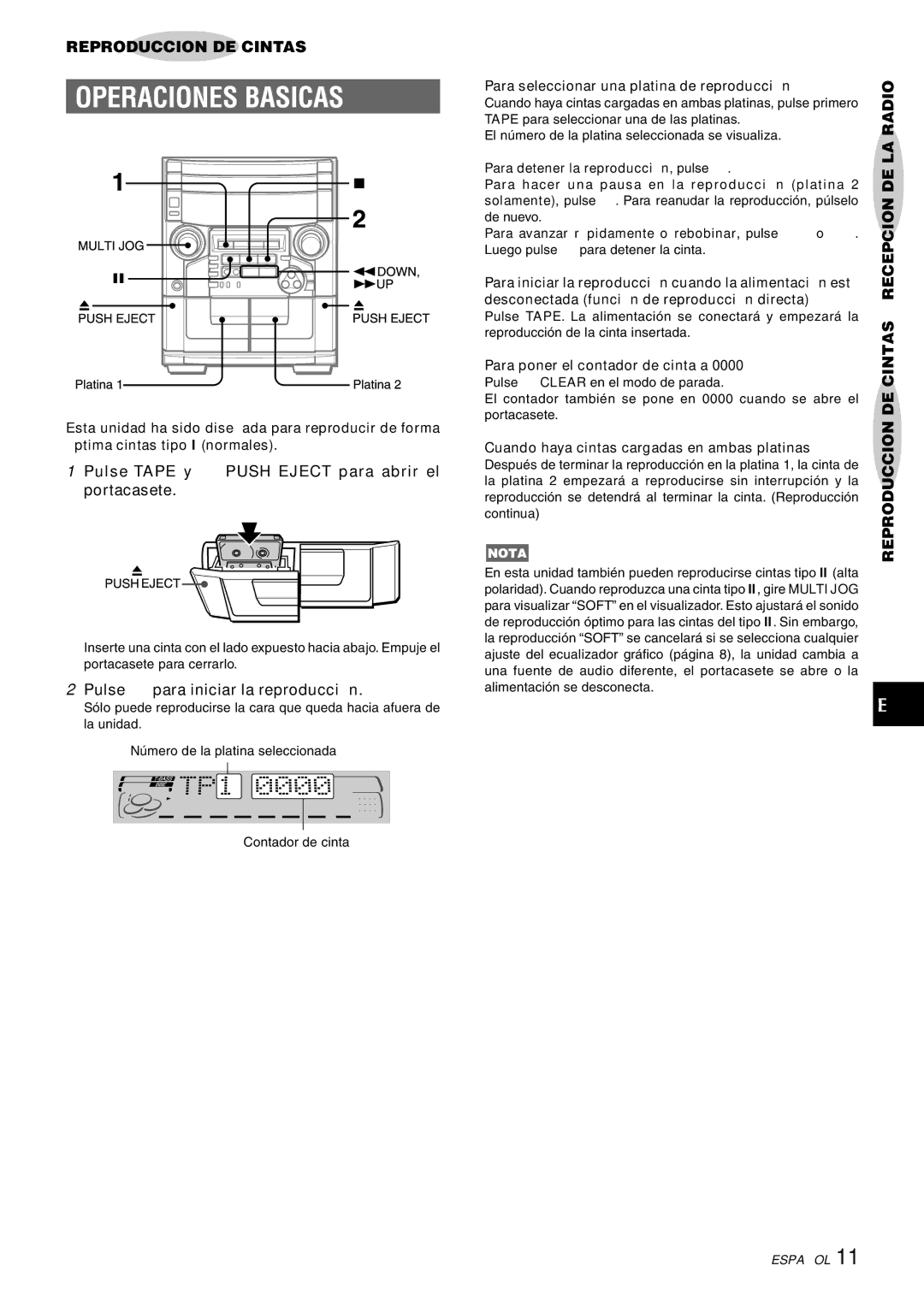 Aiwa CX-NAJ54 manual Operaciones Basicas, Pulse Tape y z Push Eject para abrir el portacasete 