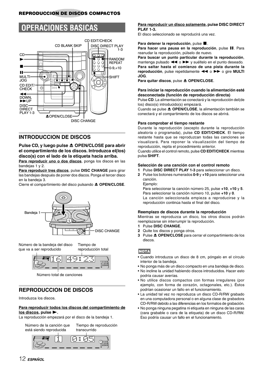 Aiwa CX-NAJ54 manual Introduccion DE Discos, Reproduccion DE Discos 