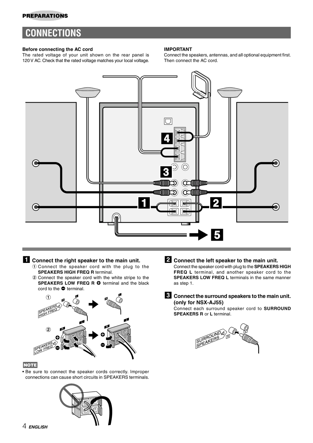 Aiwa CX-NAJ54 manual Connections, Connect the right speaker to the main unit, Connect the left speaker to the main unit 