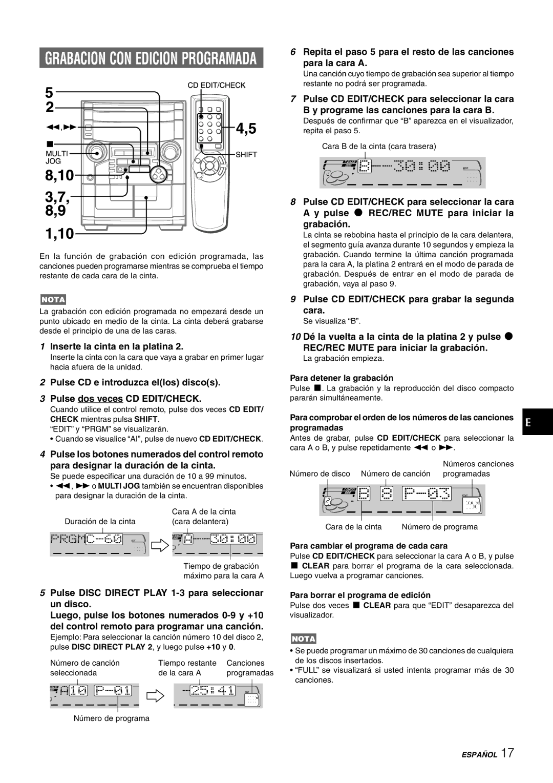 Aiwa CX-NAJ54 manual Pulse CD EDIT/CHECK para grabar la segunda Cara, 10 Dé la vuelta a la cinta de la platina 2 y pulse w 