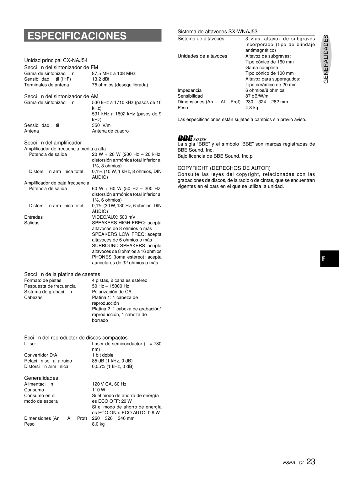 Aiwa CX-NAJ54 manual Especificaciones, Copyright Derechos DE Autor 