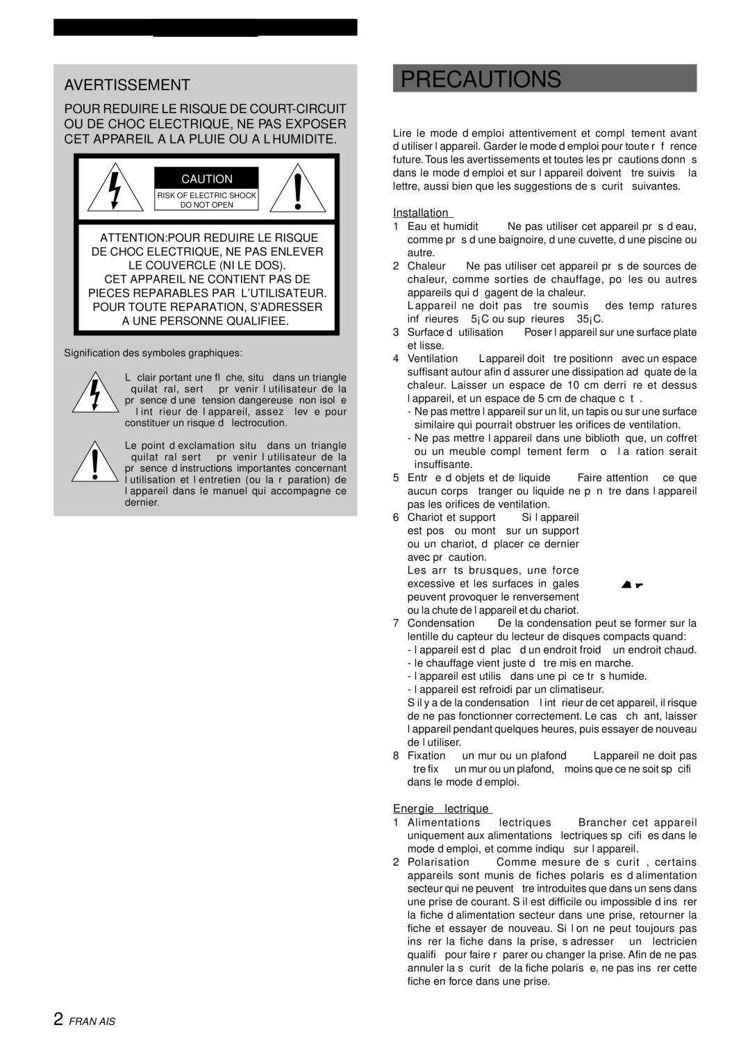 Aiwa CX-NAJ54 manual Avertissement, Energie électrique, Signification des symboles graphiques 