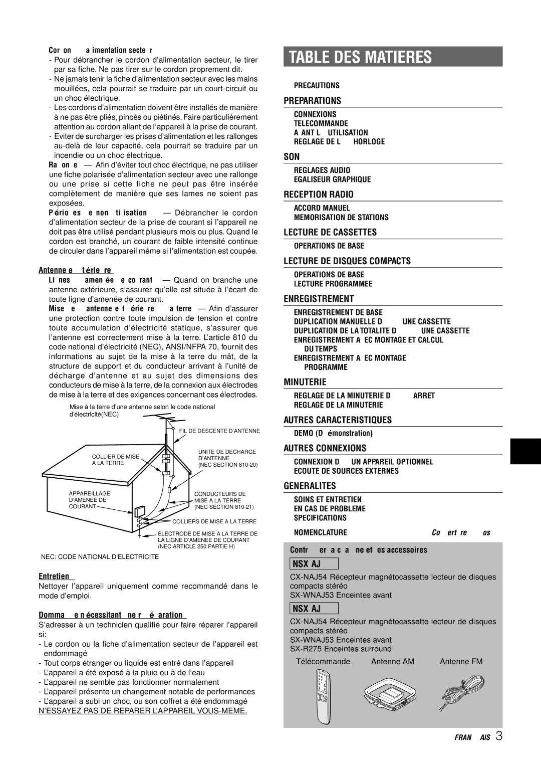 Aiwa CX-NAJ54 manual Table DES Matieres, Antenne extérieure, Entretien, Dommage nécessitant une réparation 