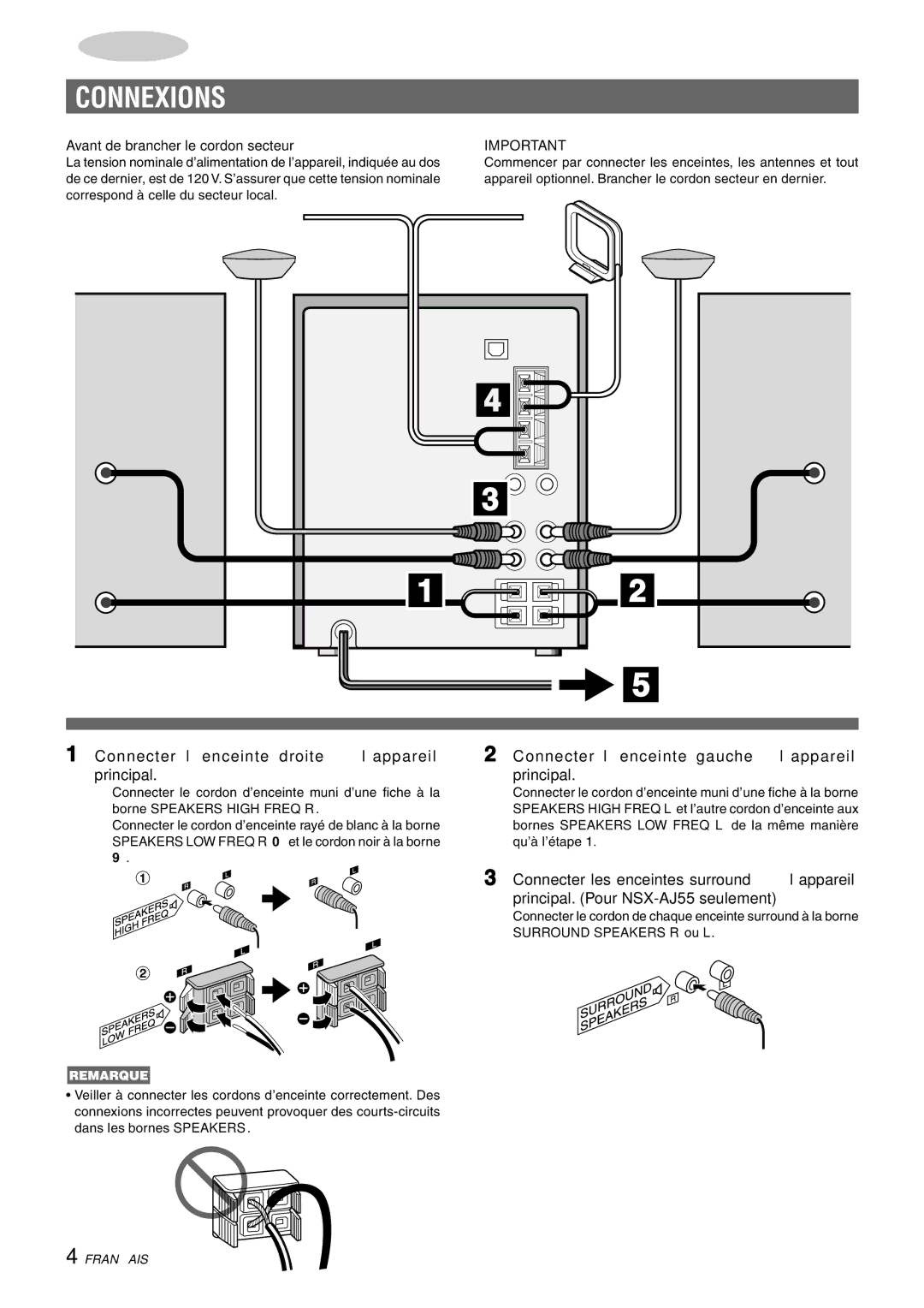 Aiwa CX-NAJ54 manual Connexions, Connecter l’enceinte droite à l’appareil principal, Avant de brancher le cordon secteur 