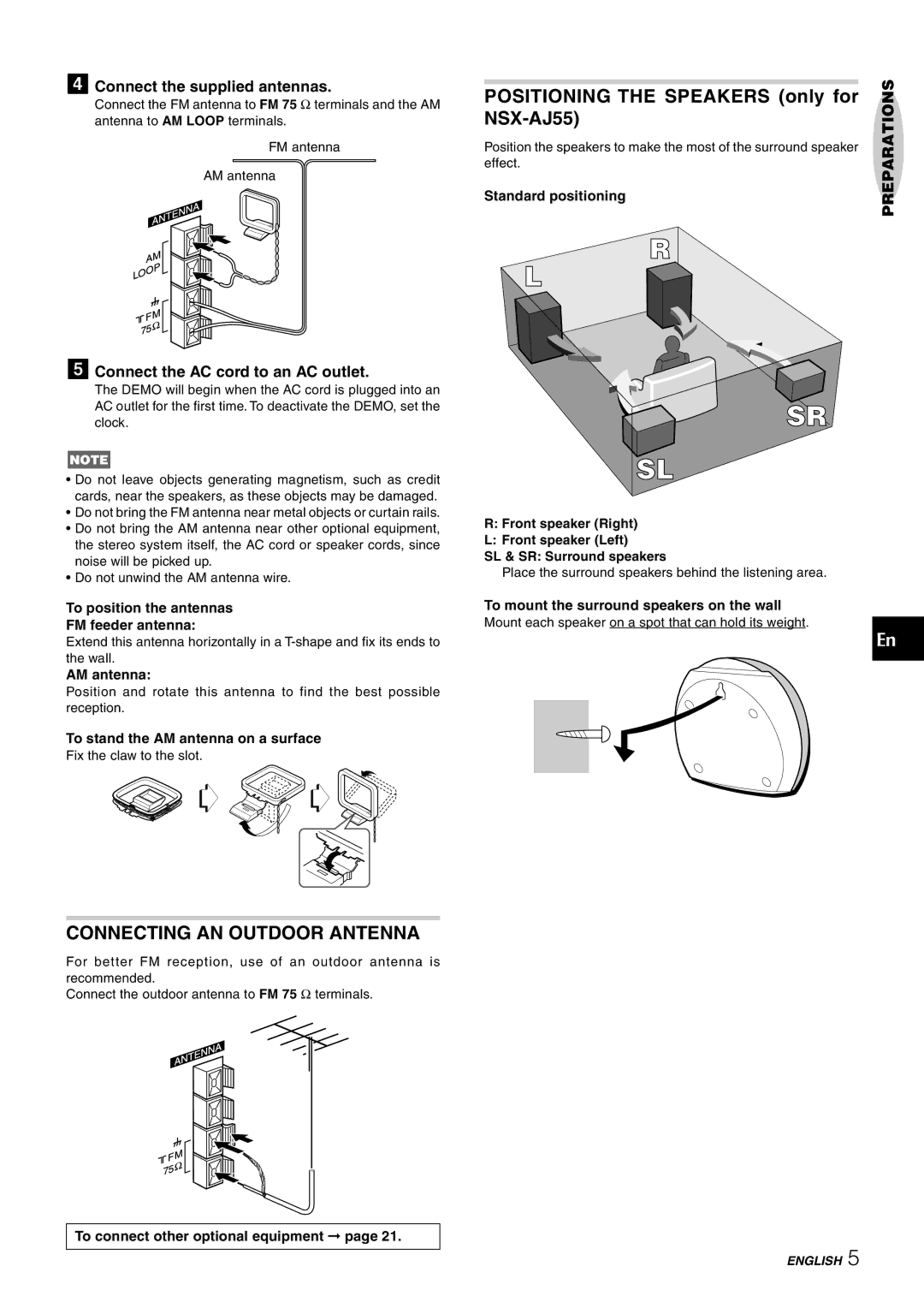 Aiwa CX-NAJ54 Connecting AN Outdoor Antenna, NSX-AJ55, Connect the supplied antennas, Connect the AC cord to an AC outlet 