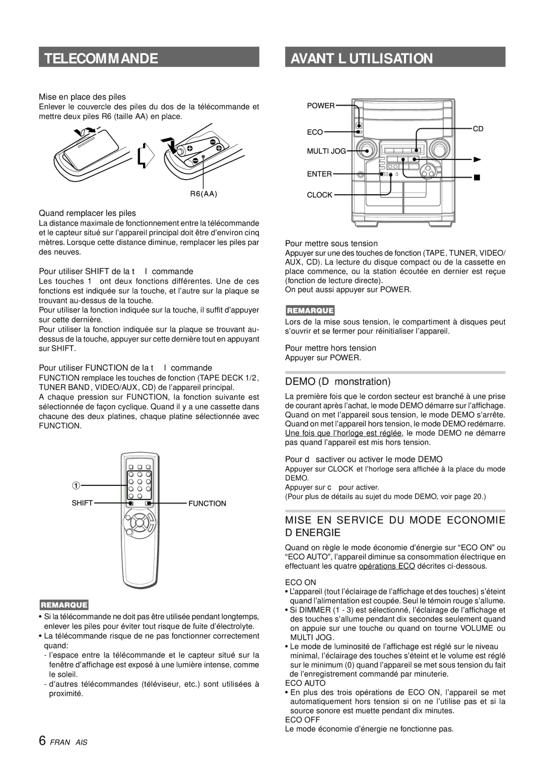 Aiwa CX-NAJ54 manual Telecommande, Avant L’UTILISATION 