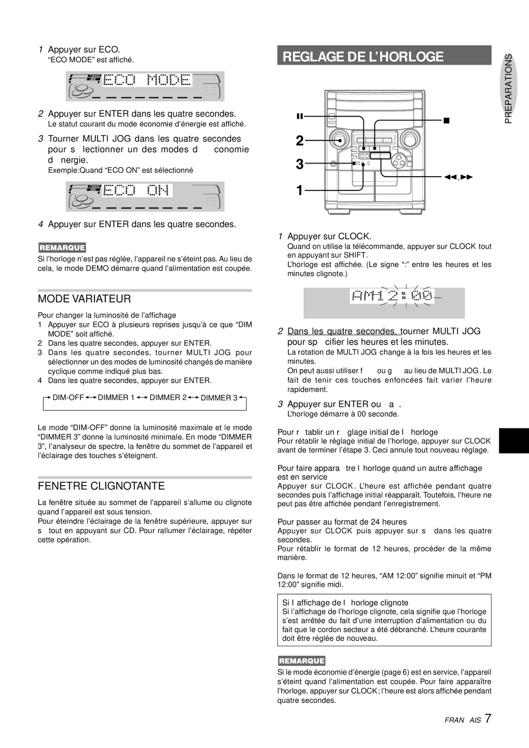 Aiwa CX-NAJ54 manual Reglage DE L’HORLOGE, Mode Variateur, Fenetre Clignotante 