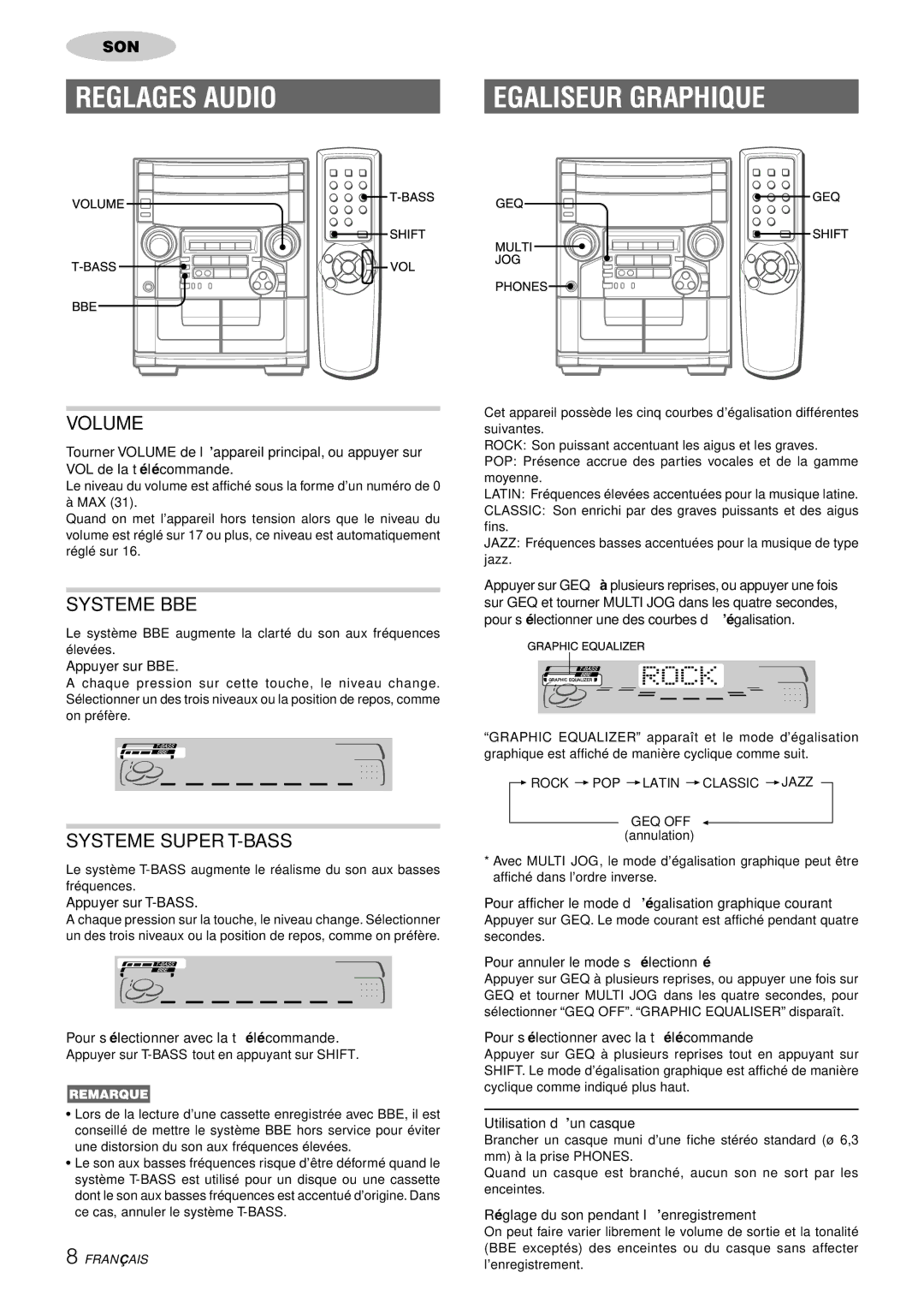 Aiwa CX-NAJ54 manual Reglages Audio, Egaliseur Graphique, Systeme BBE, Systeme Super T-BASS 