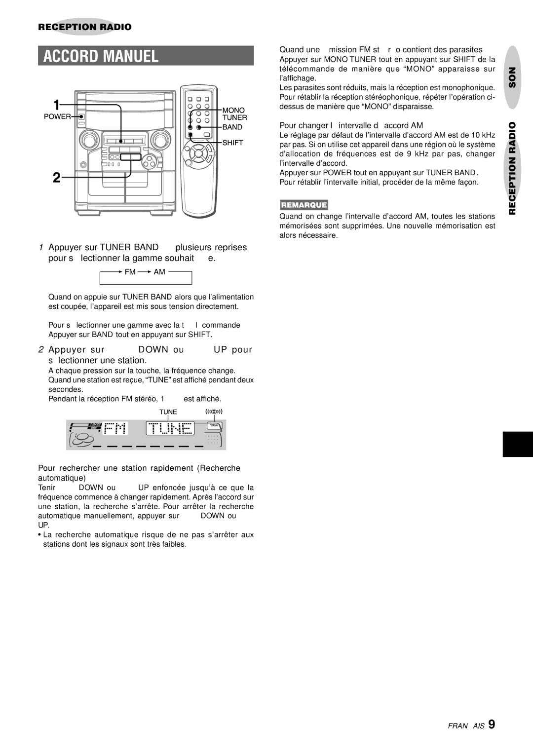 Aiwa CX-NAJ54 manual Accord Manuel, Appuyer sur f Down ou g UP pour sélectionner une station, Son 