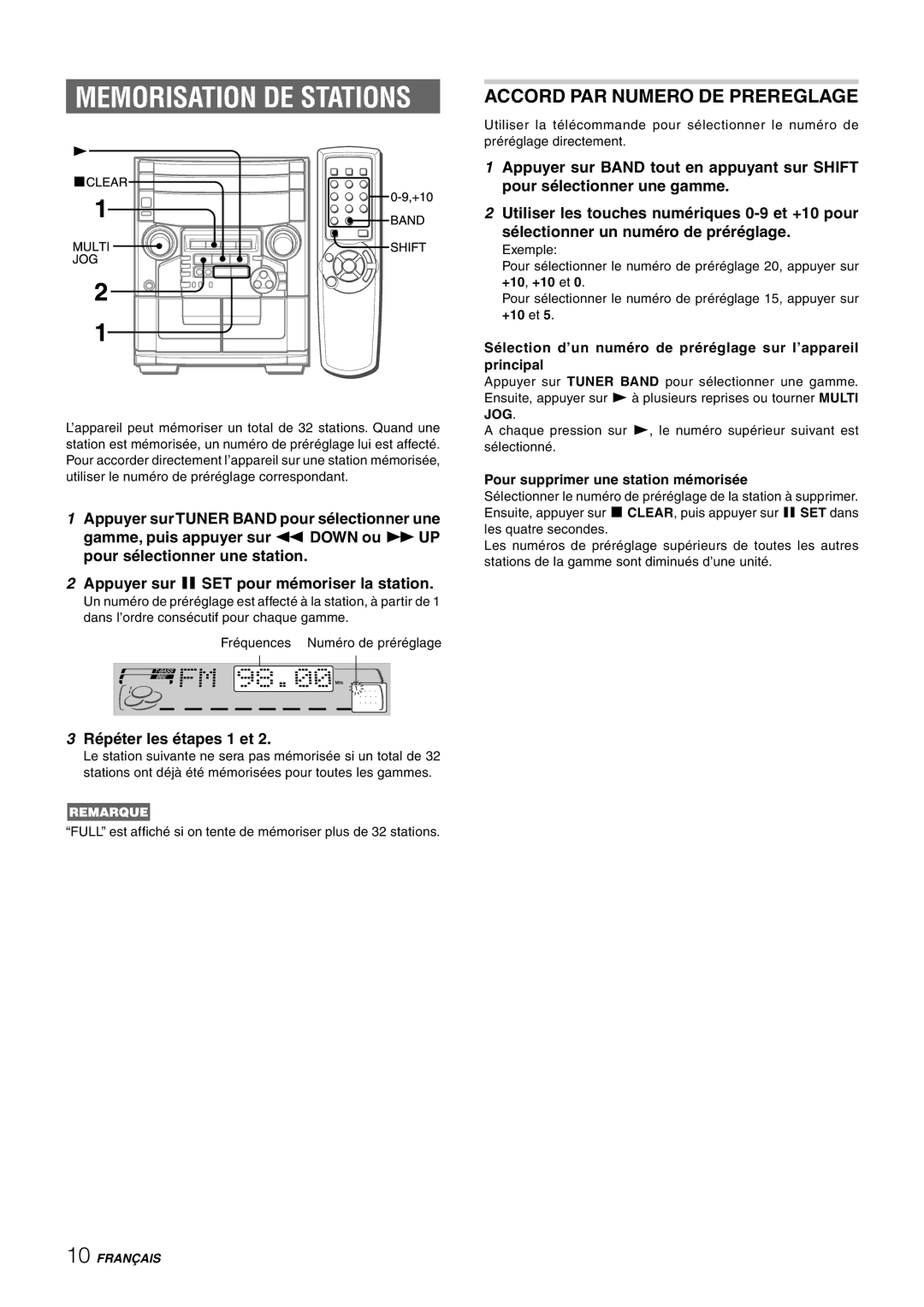 Aiwa CX-NAJ54 Accord PAR Numero DE Prereglage, Répéter les étapes 1 et, Pour supprimer une station mémorisée, +10, +10 et 