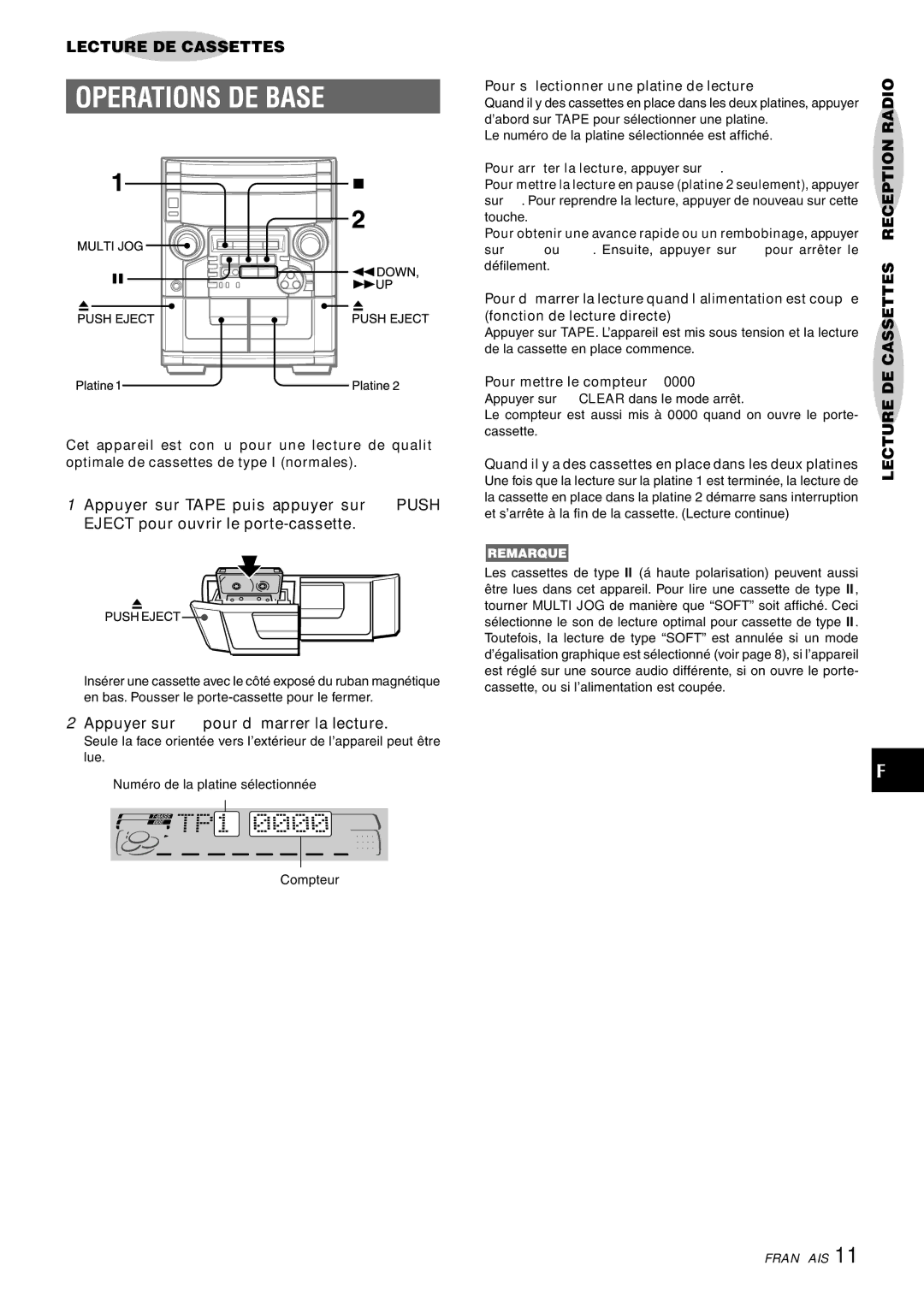 Aiwa CX-NAJ54 manual Operations DE Base, Appuyer sur c pour démarrer la lecture, Pour sélectionner une platine de lecture 