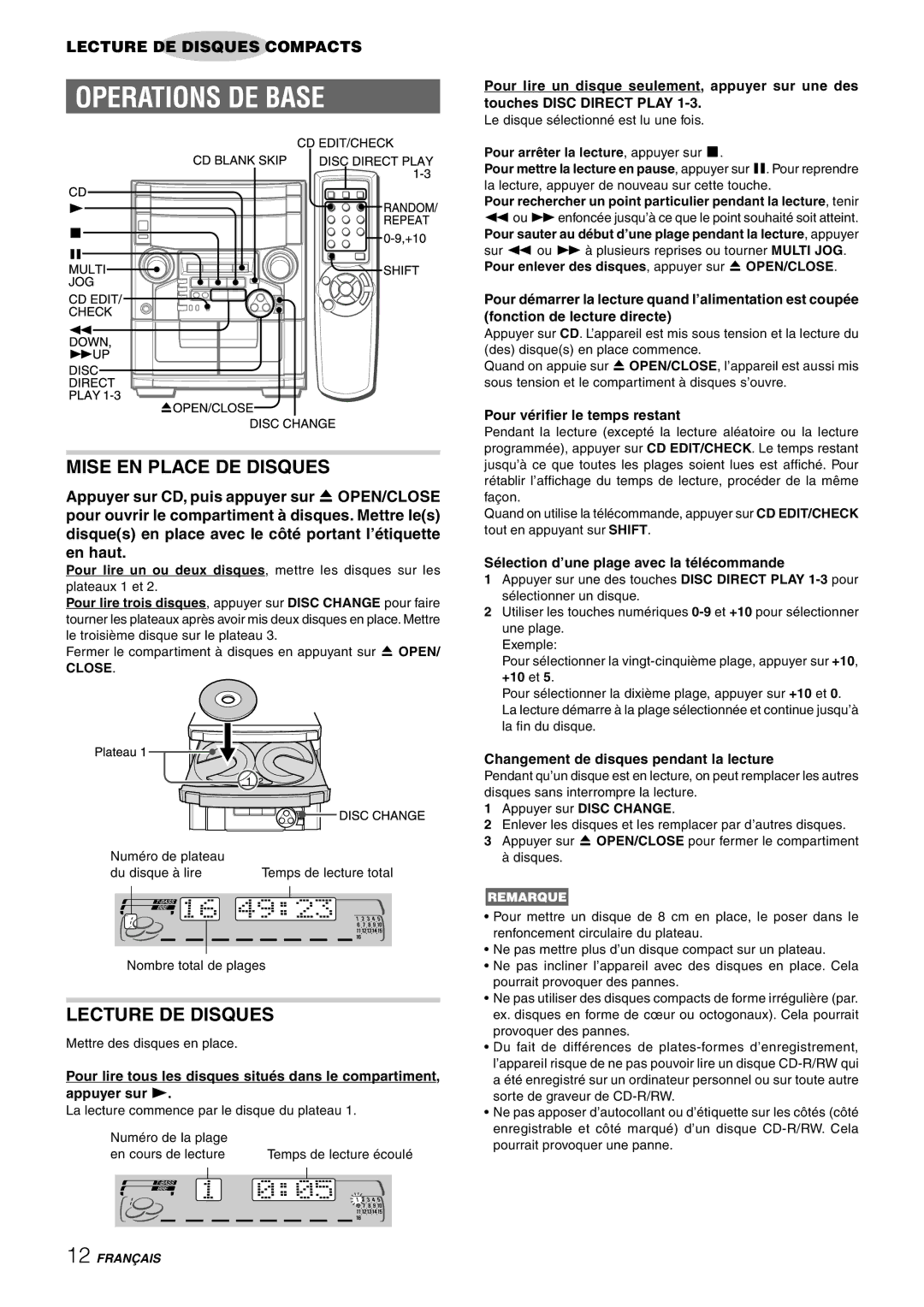 Aiwa CX-NAJ54 manual Mise EN Place DE Disques, Lecture DE Disques, Pour vérifier le temps restant 