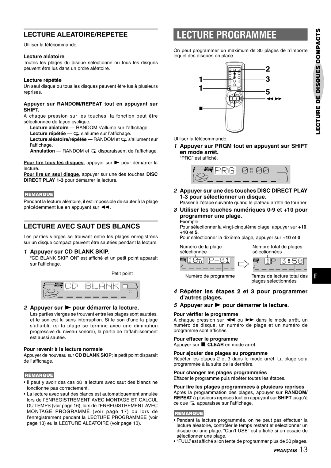 Aiwa CX-NAJ54 manual Lecture Programmee, Lecture ALEATOIRE/REPETEE, Lecture Avec Saut DES Blancs, Appuyer sur CD Blank Skip 