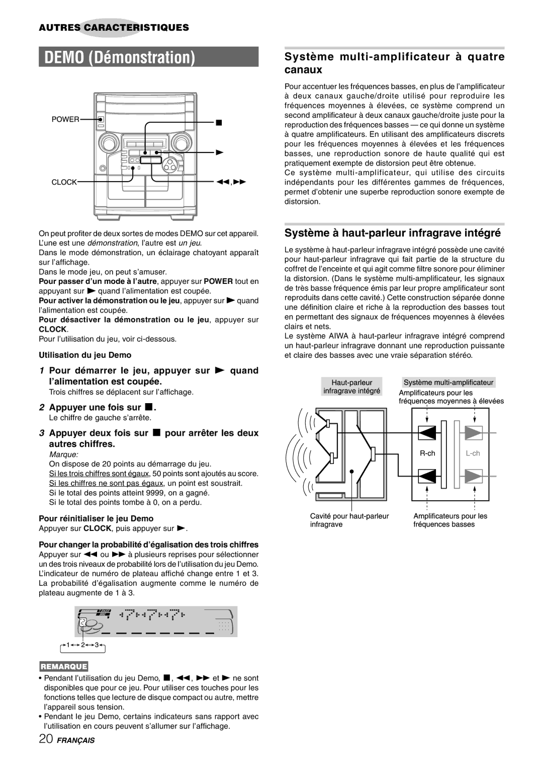 Aiwa CX-NAJ54 manual Appuyer une fois sur s, Utilisation du jeu Demo, Pour réinitialiser le jeu Demo 