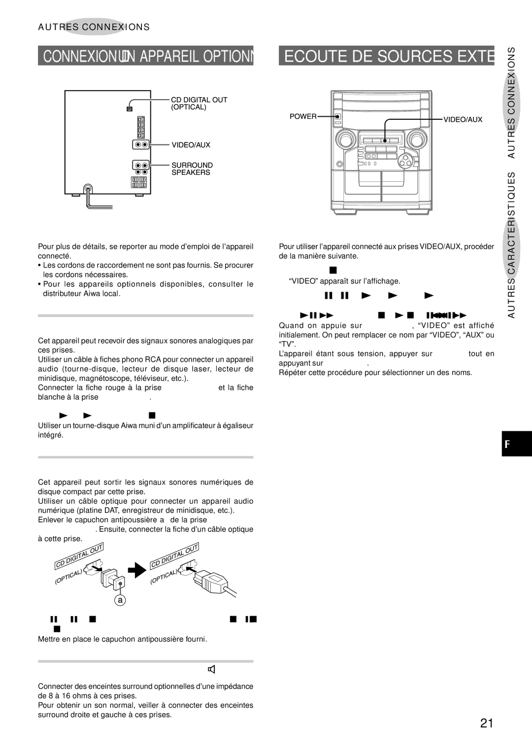 Aiwa CX-NAJ54 Prises VIDEO/AUX, Prise CD Digital OUT Optical, Prises Surround Speakers, Pour connecter un tourne-disque 