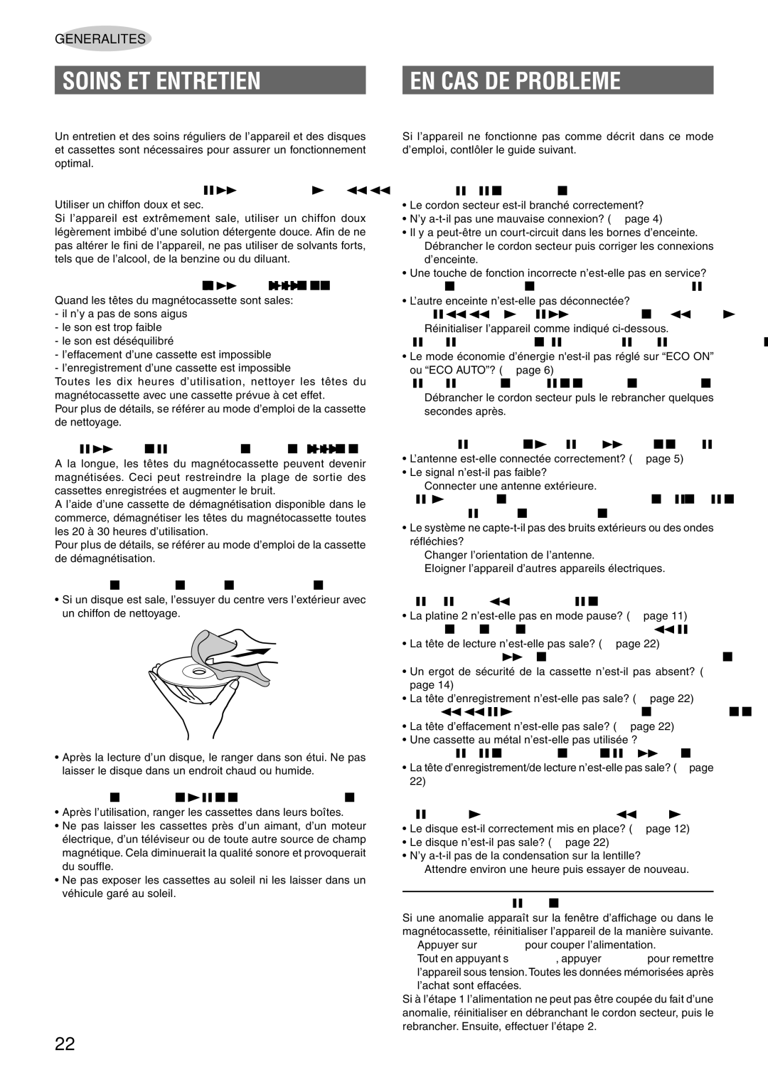 Aiwa CX-NAJ54 manual Soins ET Entretien, EN CAS DE Probleme, Generalites, Partie Tuner, Partie Magnetocassette 