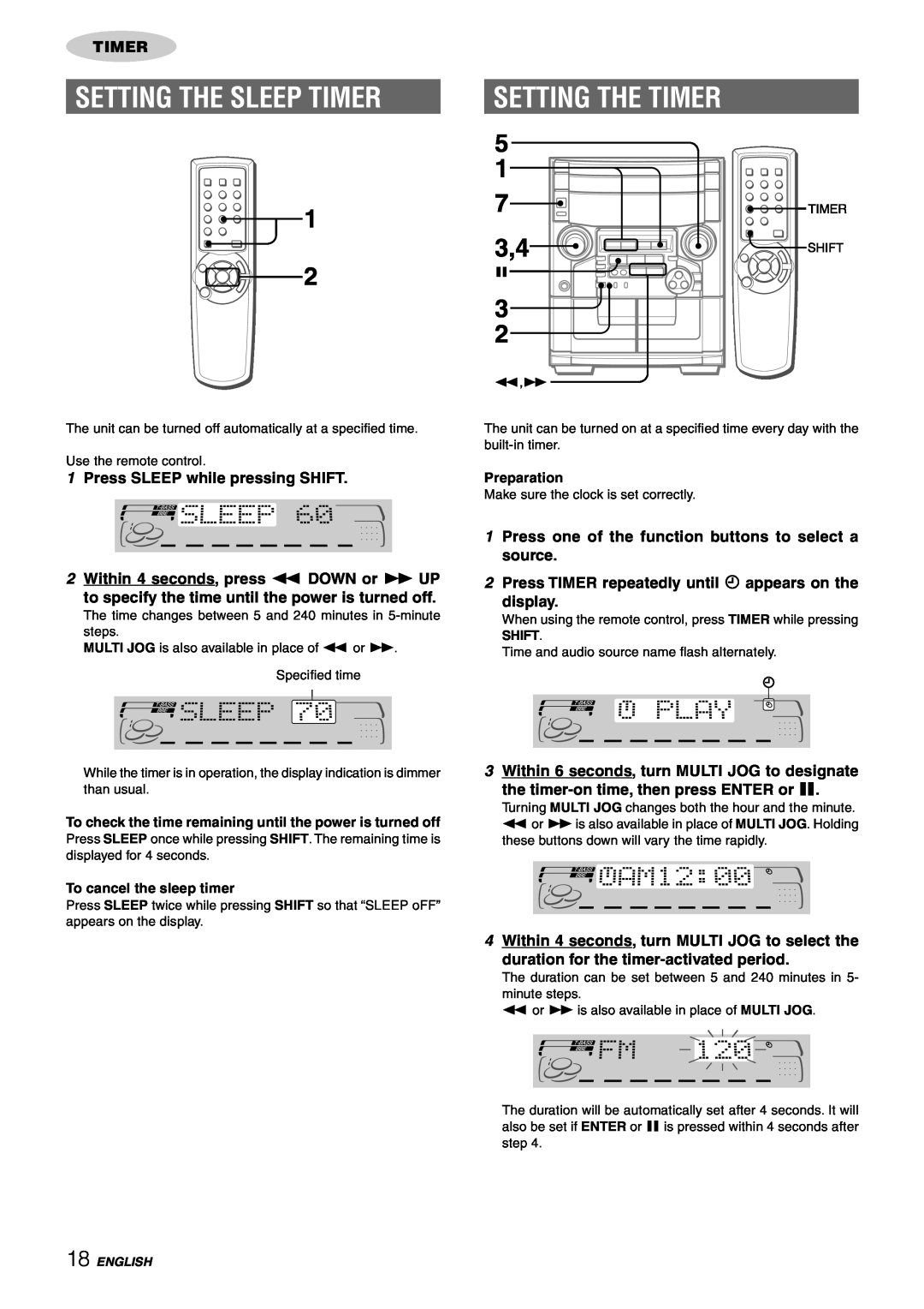 Aiwa CX-NAJ54 manual Setting The Sleep Timer, Setting The Timer 