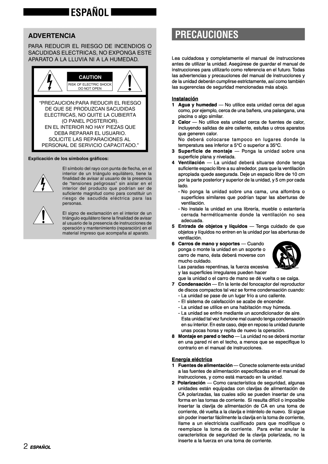 Aiwa CX-NAJ54 manual Español, Precauciones, Advertencia, “Precaucion:Para Reducir El Riesgo, De Que Se Produzcan Sacudidas 