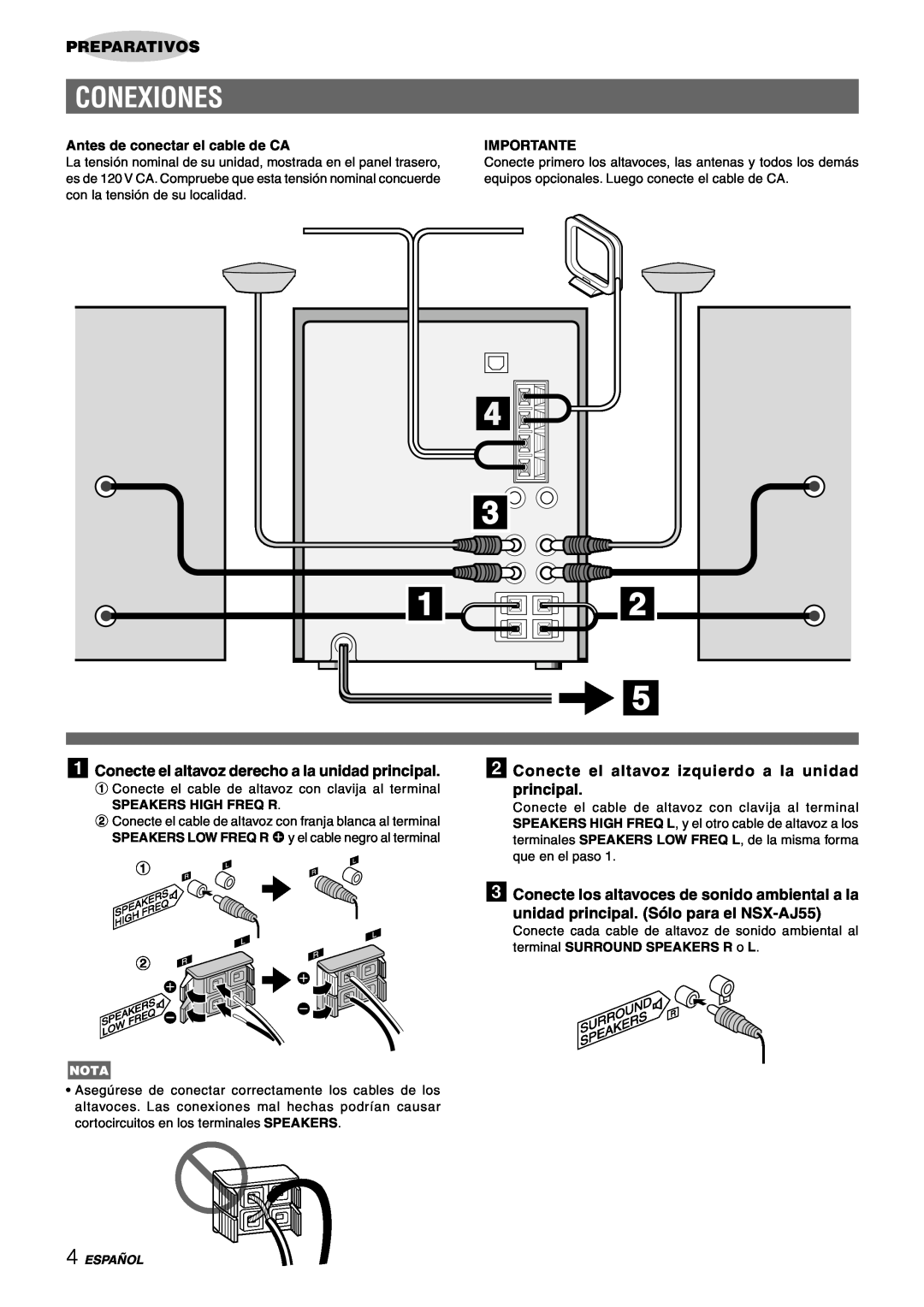 Aiwa CX-NAJ54 manual Conexiones, Preparativos, Antes de conectar el cable de CA, Importante, Español 