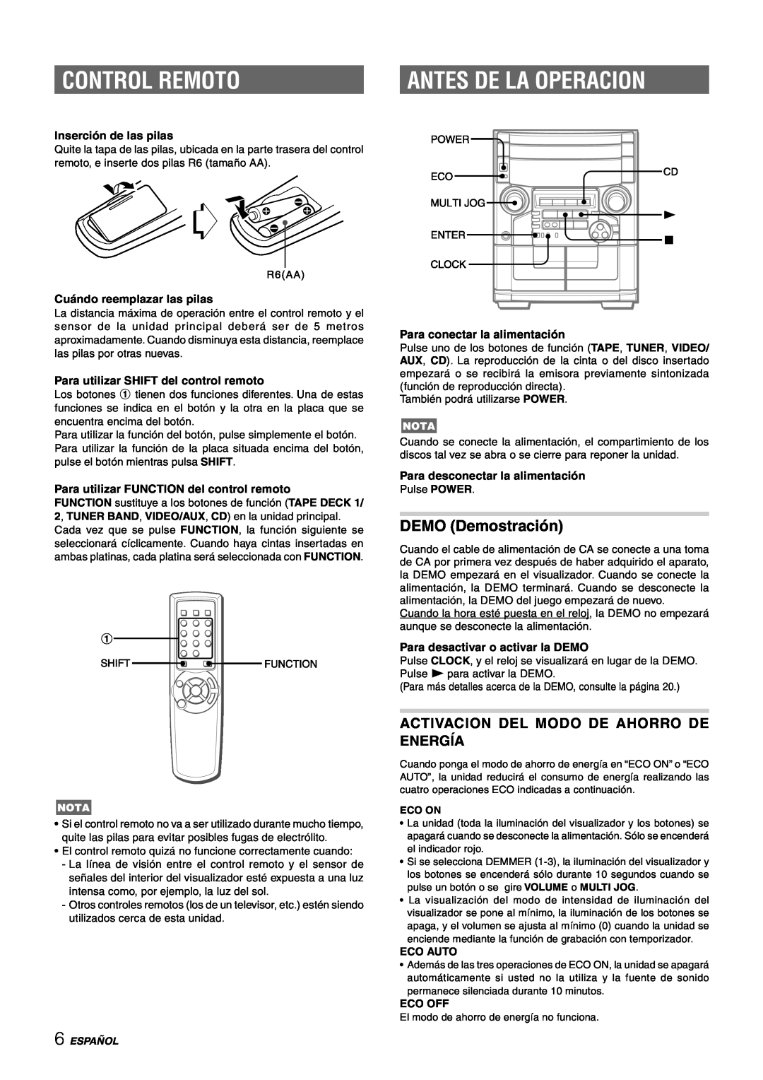 Aiwa CX-NAJ54 Control Remoto, Antes De La Operacion, DEMO Demostración, Activacion Del Modo De Ahorro De Energía, Español 