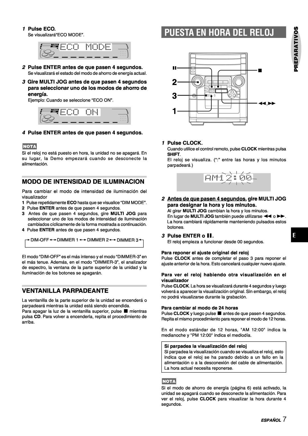 Aiwa CX-NAJ54 manual Modo De Intensidad De Iluminacion, Ventanilla Parpadeante, Puesta En Hora Del Reloj 
