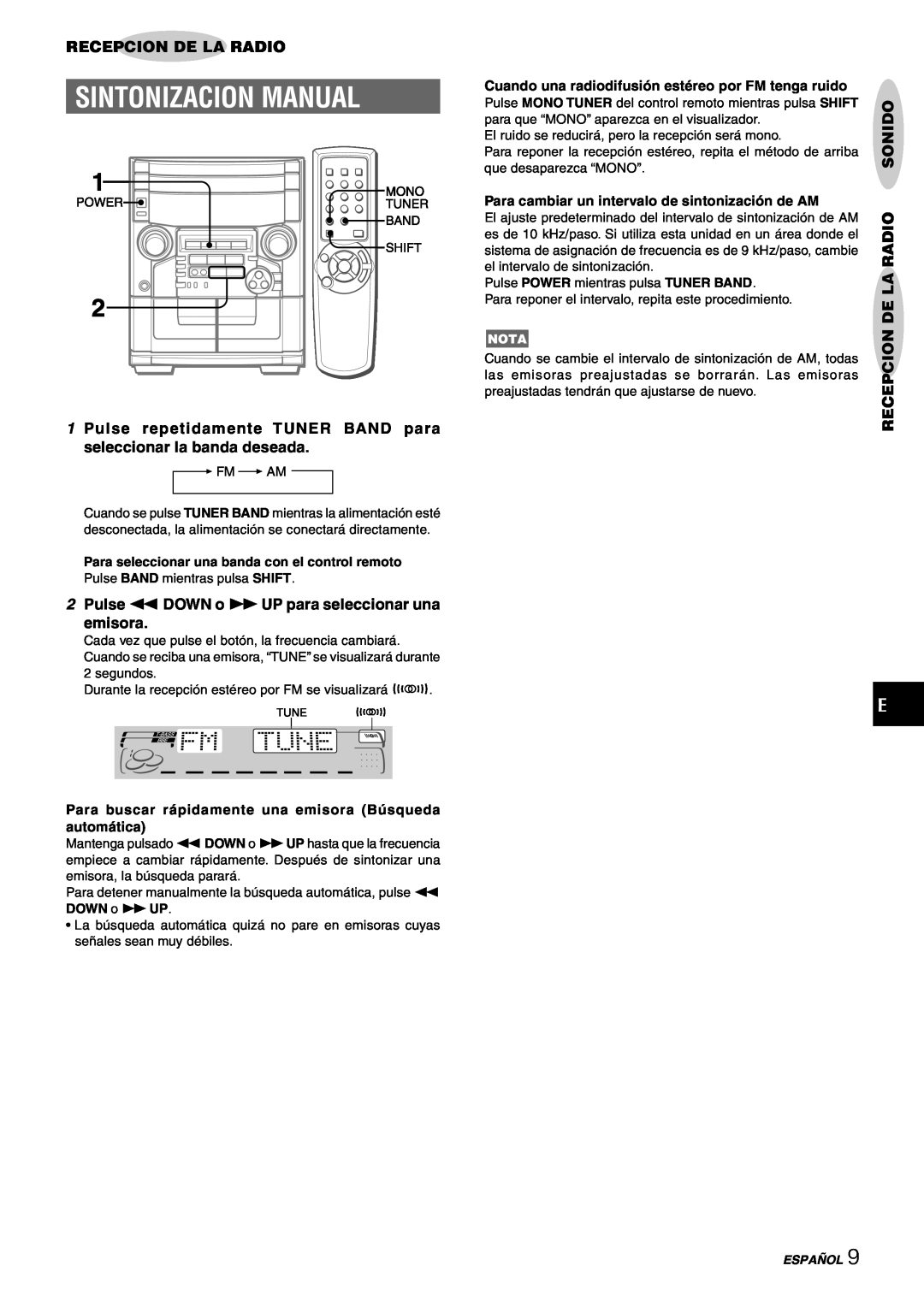 Aiwa CX-NAJ54 manual Sintonizacion Manual, Recepcion De La Radio, 2Pulse fDOWN o gUP para seleccionar una emisora, Español 