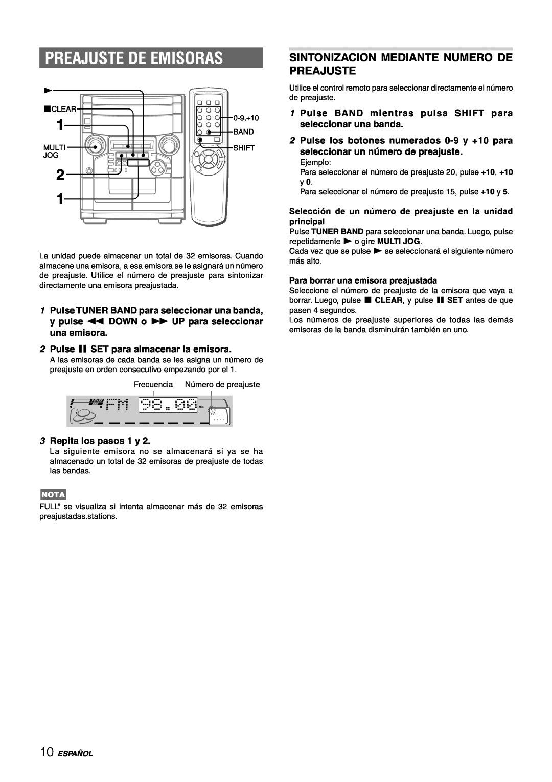 Aiwa CX-NAJ54 manual Preajuste De Emisoras, Sintonizacion Mediante Numero De Preajuste, Para borrar una emisora preajustada 