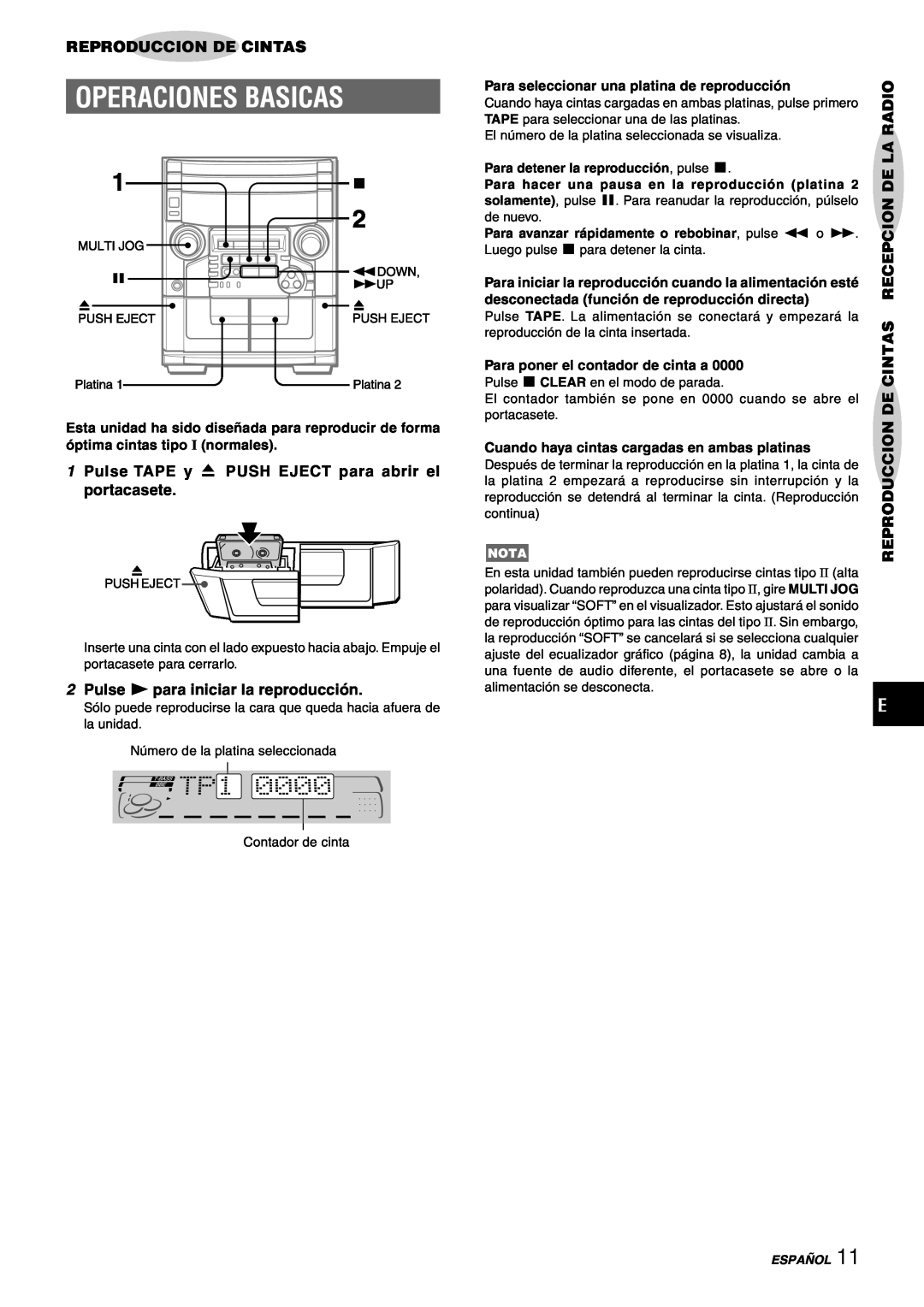 Aiwa CX-NAJ54 manual Operaciones Basicas, Para seleccionar una platina de reproducción, Para poner el contador de cinta a 