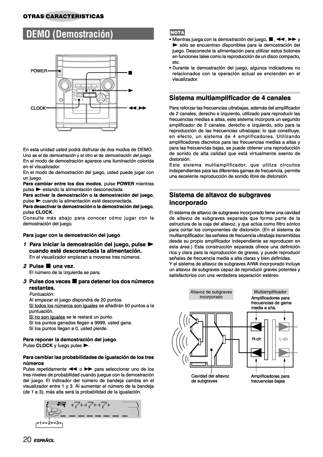 Aiwa CX-NAJ54 manual DEMO Demostración, Sistema multiamplificador de 4 canales, Sistema de altavoz de subgraves incorporado 