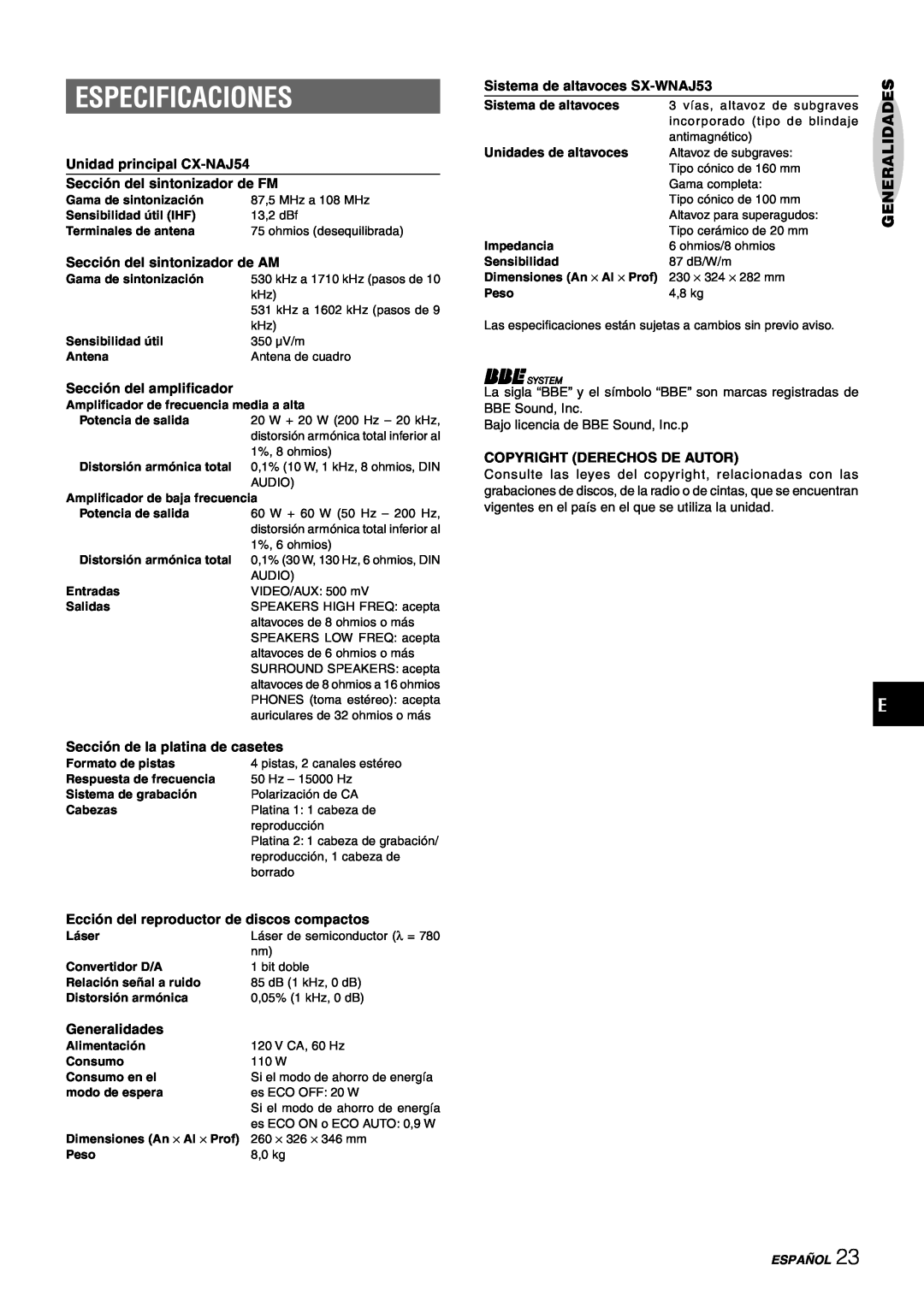 Aiwa manual Especificaciones, Unidad principal CX-NAJ54, Sección del sintonizador de FM, Sección del sintonizador de AM 