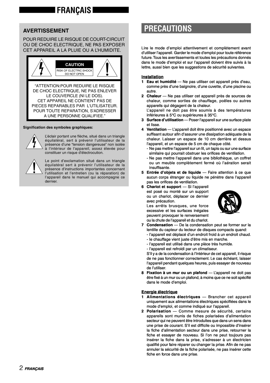 Aiwa CX-NAJ54 Français, Avertissement, Precautions, “Attention:Pour Reduire Le Risque, De Choc Electrique, Ne Pas Enlever 