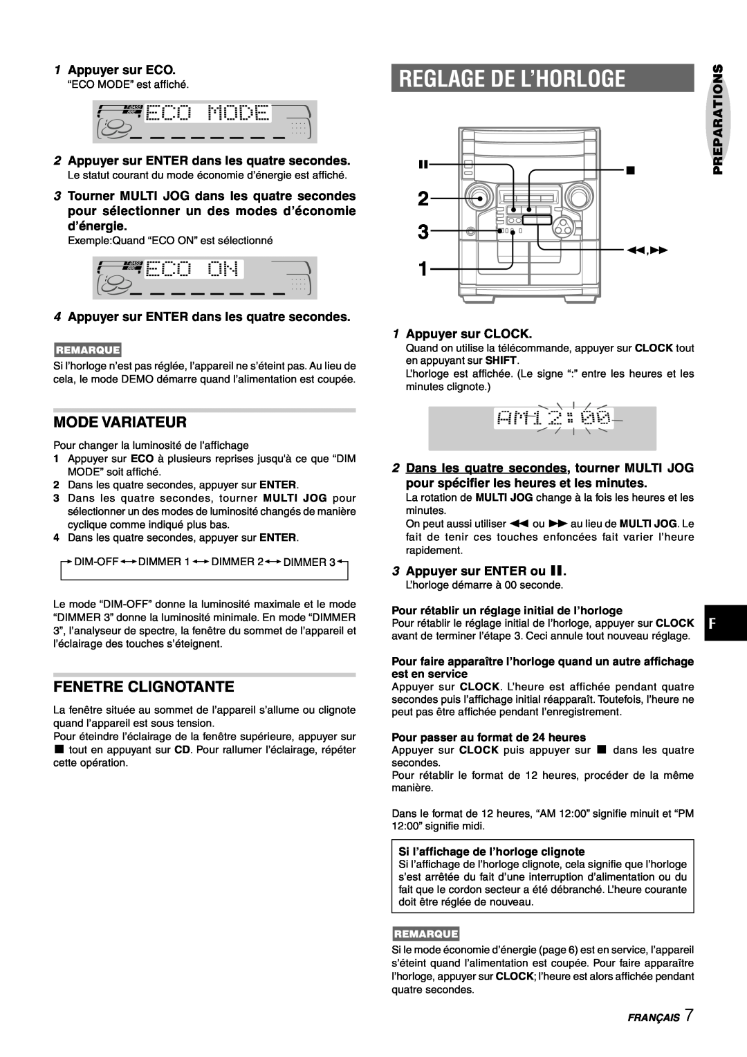 Aiwa CX-NAJ54 manual Reglage De L’Horloge, Mode Variateur, Fenetre Clignotante 