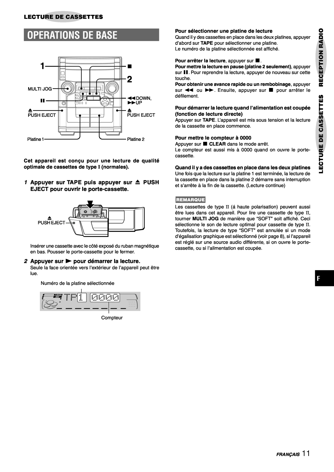 Aiwa CX-NAJ54 manual Operations De Base, Lecture De Cassettes, 1Appuyer sur TAPE puis appuyer sur z PUSH 