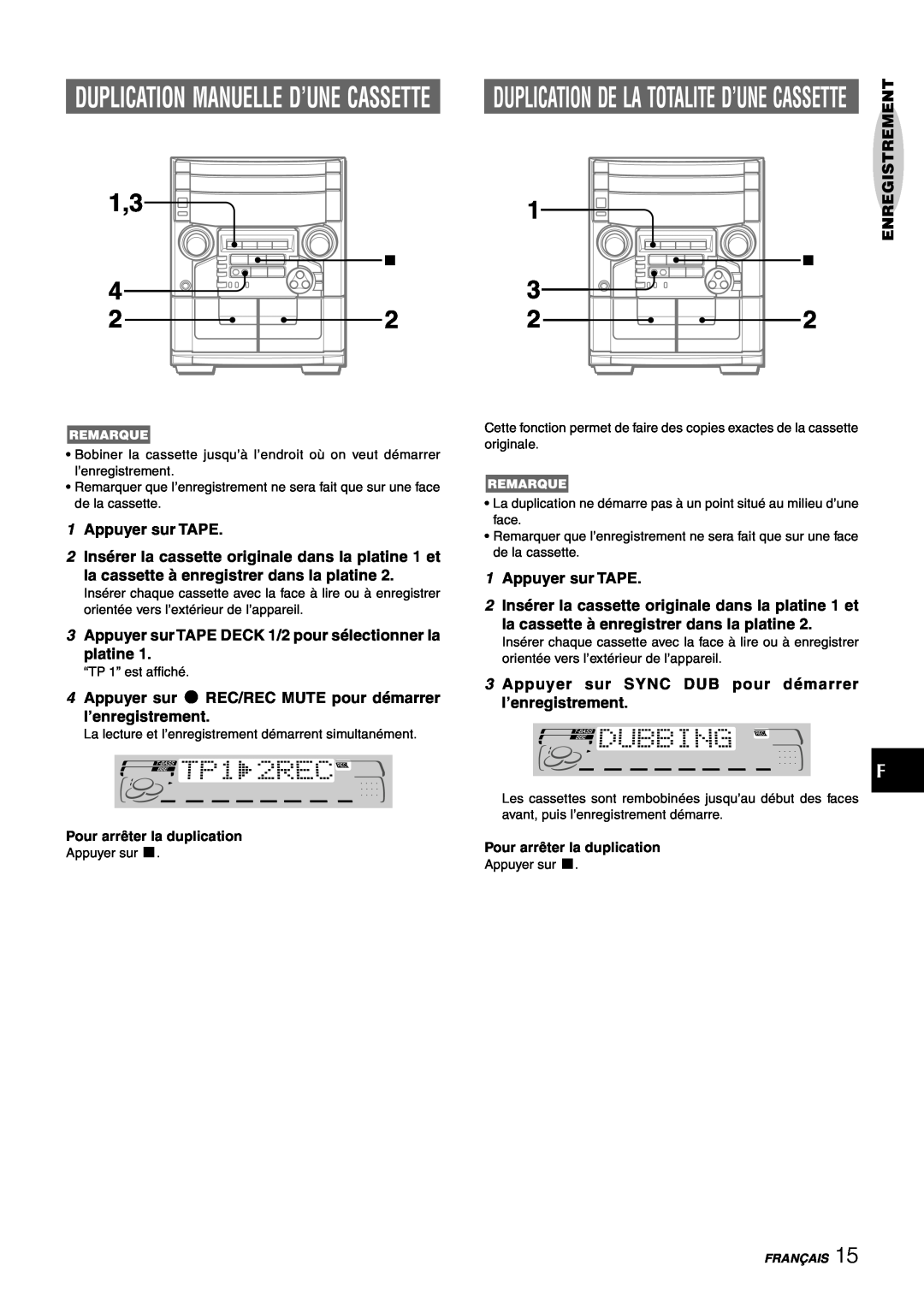 Aiwa CX-NAJ54 manual Duplication Manuelle D’Une Cassette 
