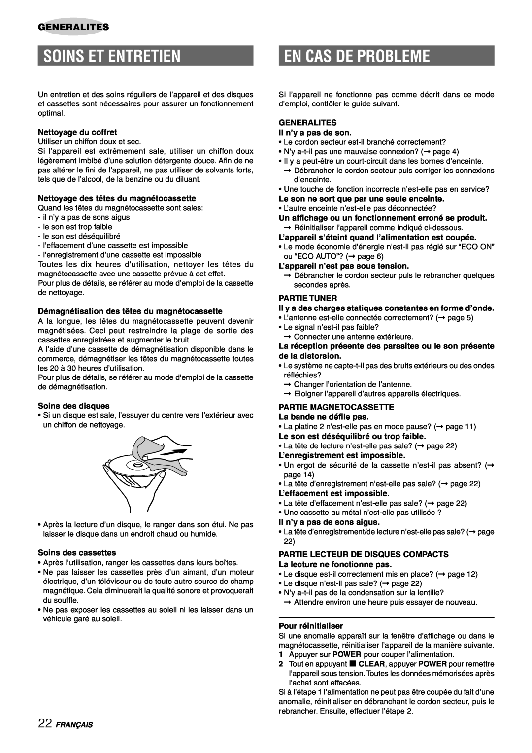 Aiwa CX-NAJ54 manual Soins Et Entretien, En Cas De Probleme, Nettoyage du coffret, Nettoyage des têtes du magnétocassette 