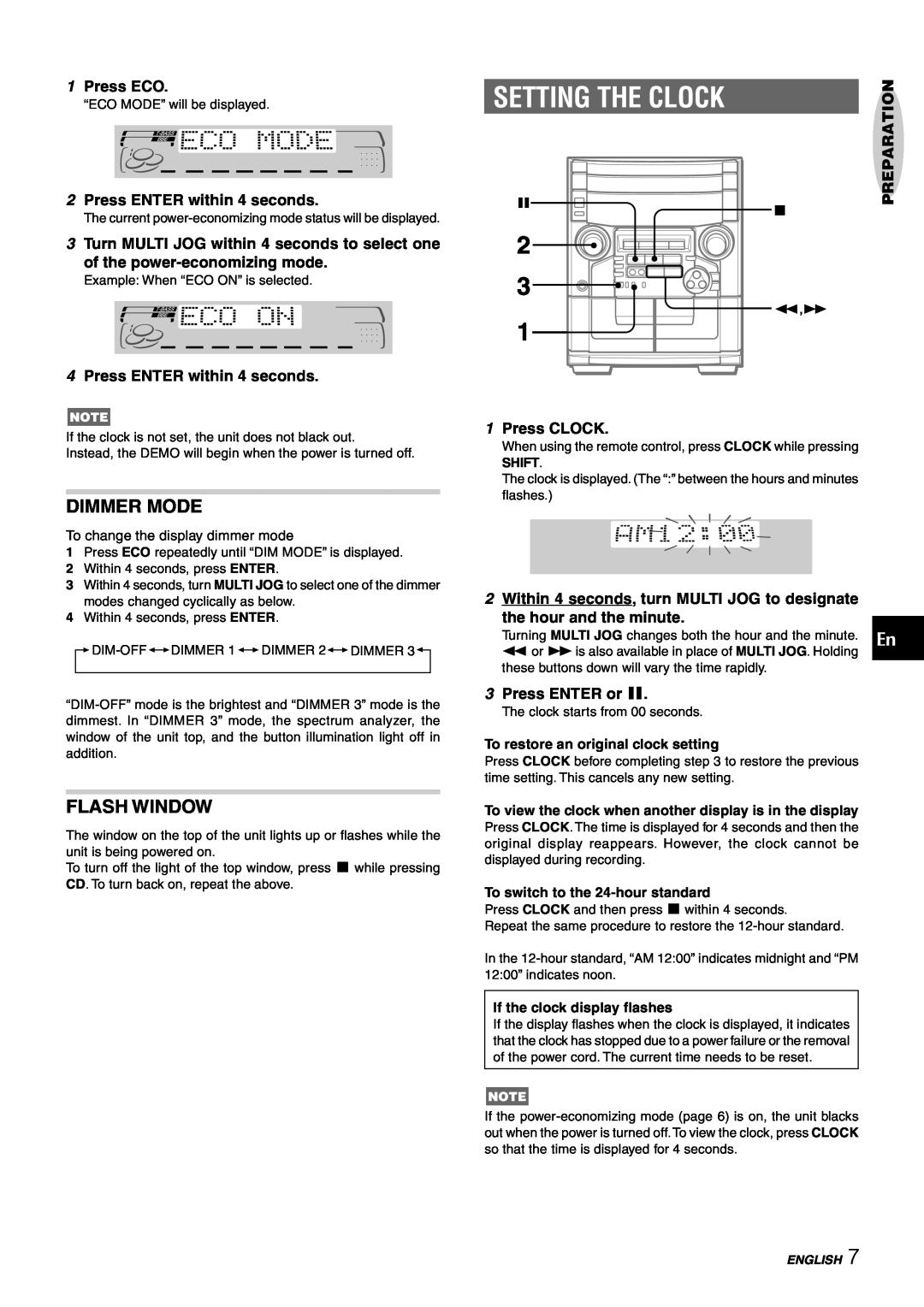 Aiwa CX-NAJ54 manual Setting The Clock, Dimmer Mode, Flash Window 